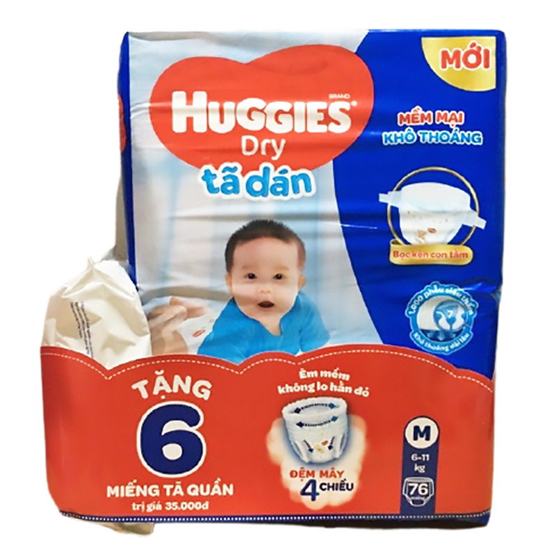 Bỉm - Tã dán Huggies size M - 76 miếng tặng 6 miếng tã quần (Cho bé 6 - 11kg)
