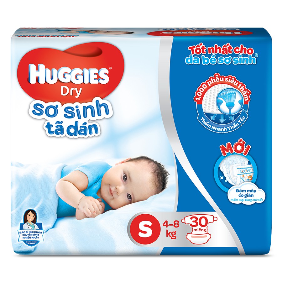 Bỉm - Tã dán sơ sinh Huggies size S - 30 miếng (Cho trẻ 4 - 8kg)