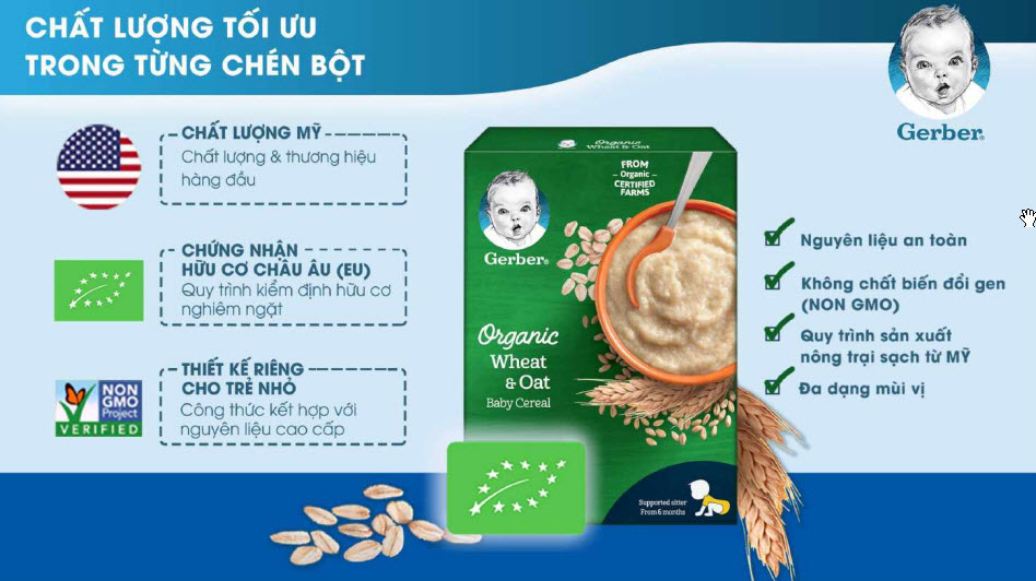 Bột ăn dặm Gerber Organic lúa mì yến mạch bánh quy 200g (Từ 6 tháng)