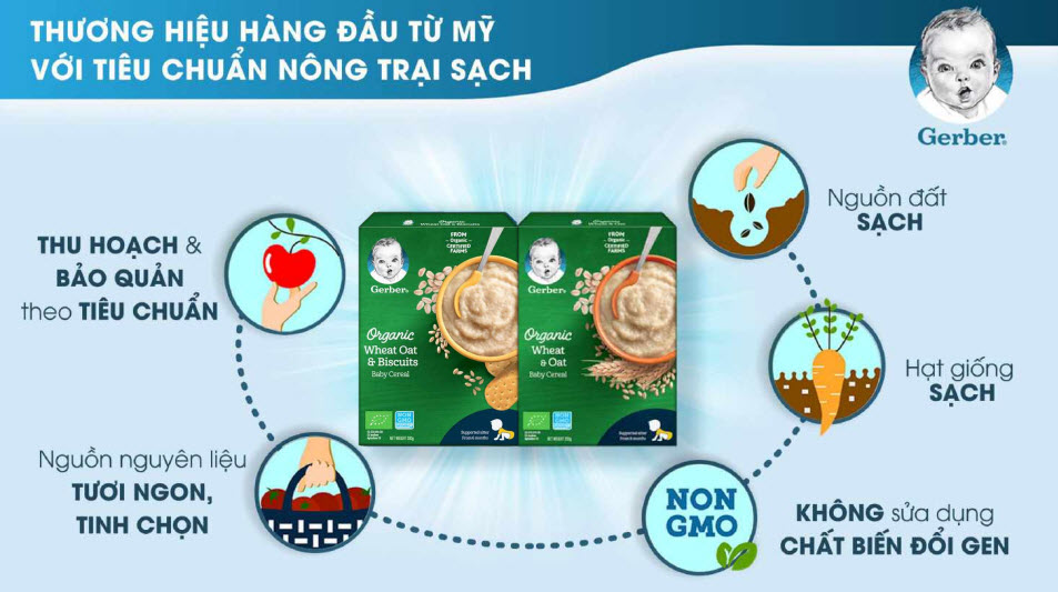 Bột ăn dặm Gerber Organic lúa mì yến mạch bánh quy 200g (Từ 6 tháng)