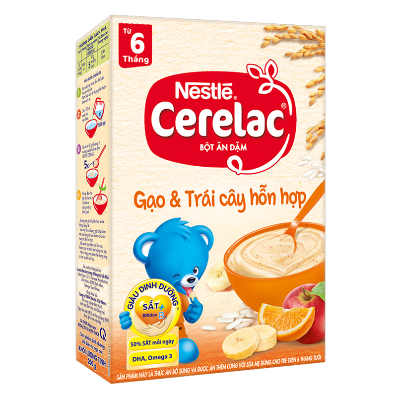 Bột ăn dặm Nestlé Cerelac Gạo và Trái cây hỗn hợp 200g