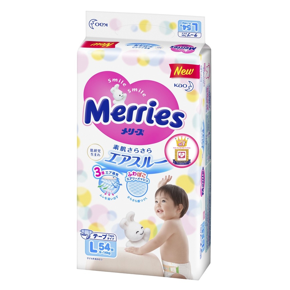 Bỉm - Tã dán Merries size L - 54 miếng (cho bé 9 - 14kg)