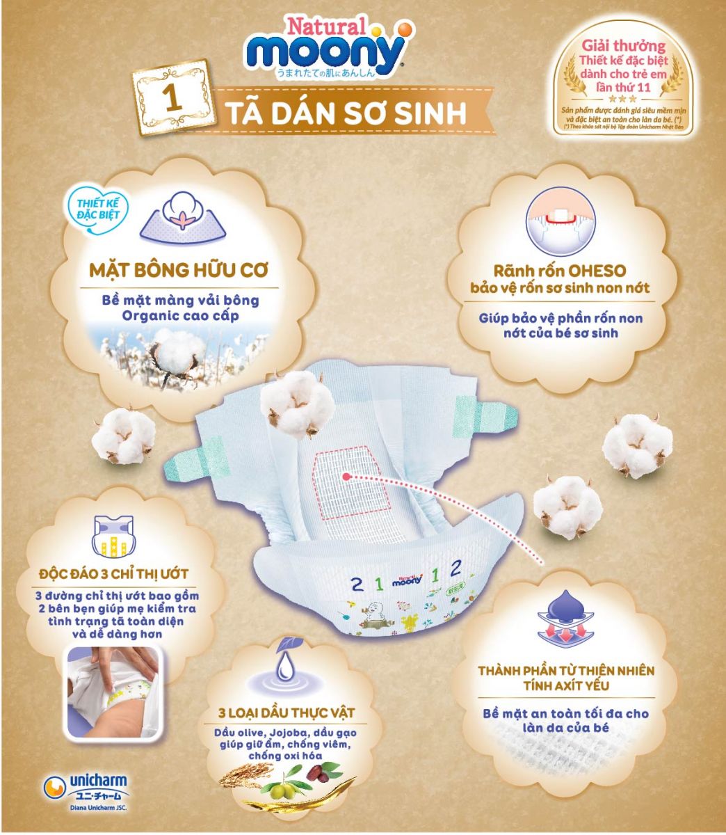 Bỉm - Tã dán Moony Natural Newborn 63 miếng (Dưới 5Kg)