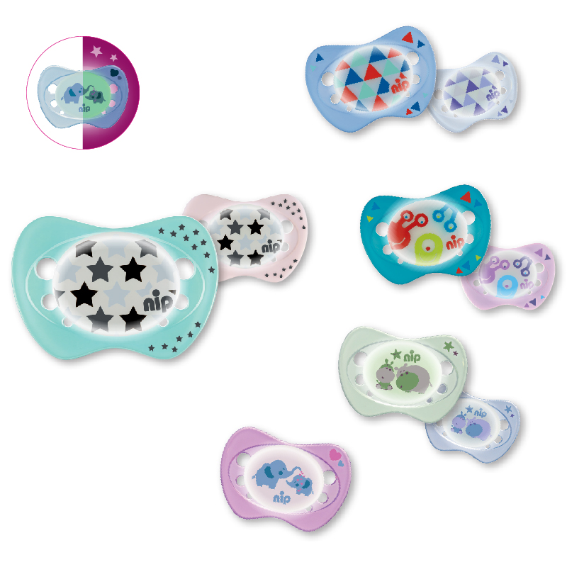 Bộ 2 ty ngậm phát sáng ban đêm Nip Night Số 2, Bằng Silicon - Màu xanh dương, xanh lá