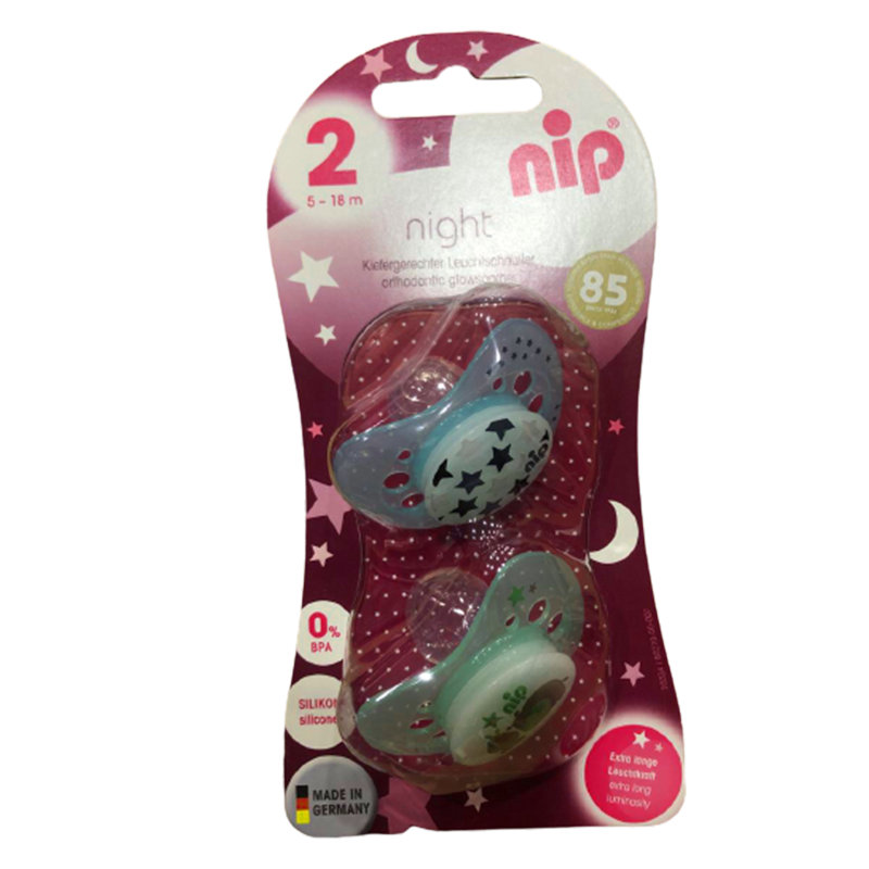 Bộ 2 ty ngậm phát sáng ban đêm Nip Night Số 2, Bằng Silicon - Màu xanh dương, xanh lá