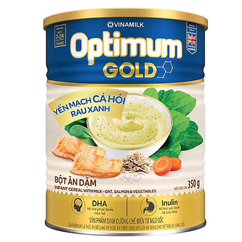 Bột ăn dặm Optimum Gold Yến Mạch Cá Hồi Rau Xanh - Hộp thiếc 350g