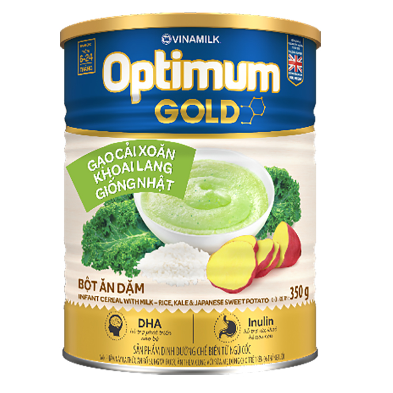 Bột ăn dặm Optimum Gold gạo cải xoăn khoai lang giống nhật - Hộp thiếc 350g