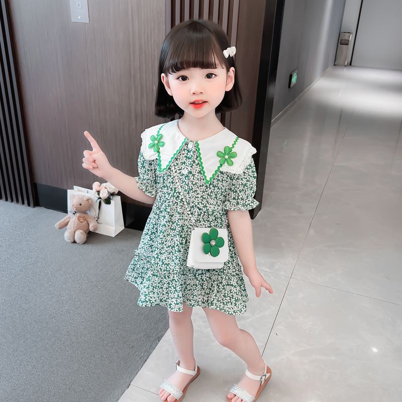 DV535 - Đầm Hoa Chấm Bi Cho Bé Có Cổ Kèm Túi - Màu xanh