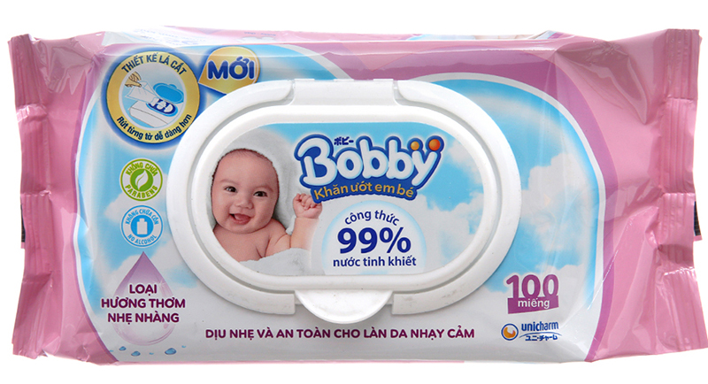 Khăn ướt em bé Bobby có mùi hương 100 miếng