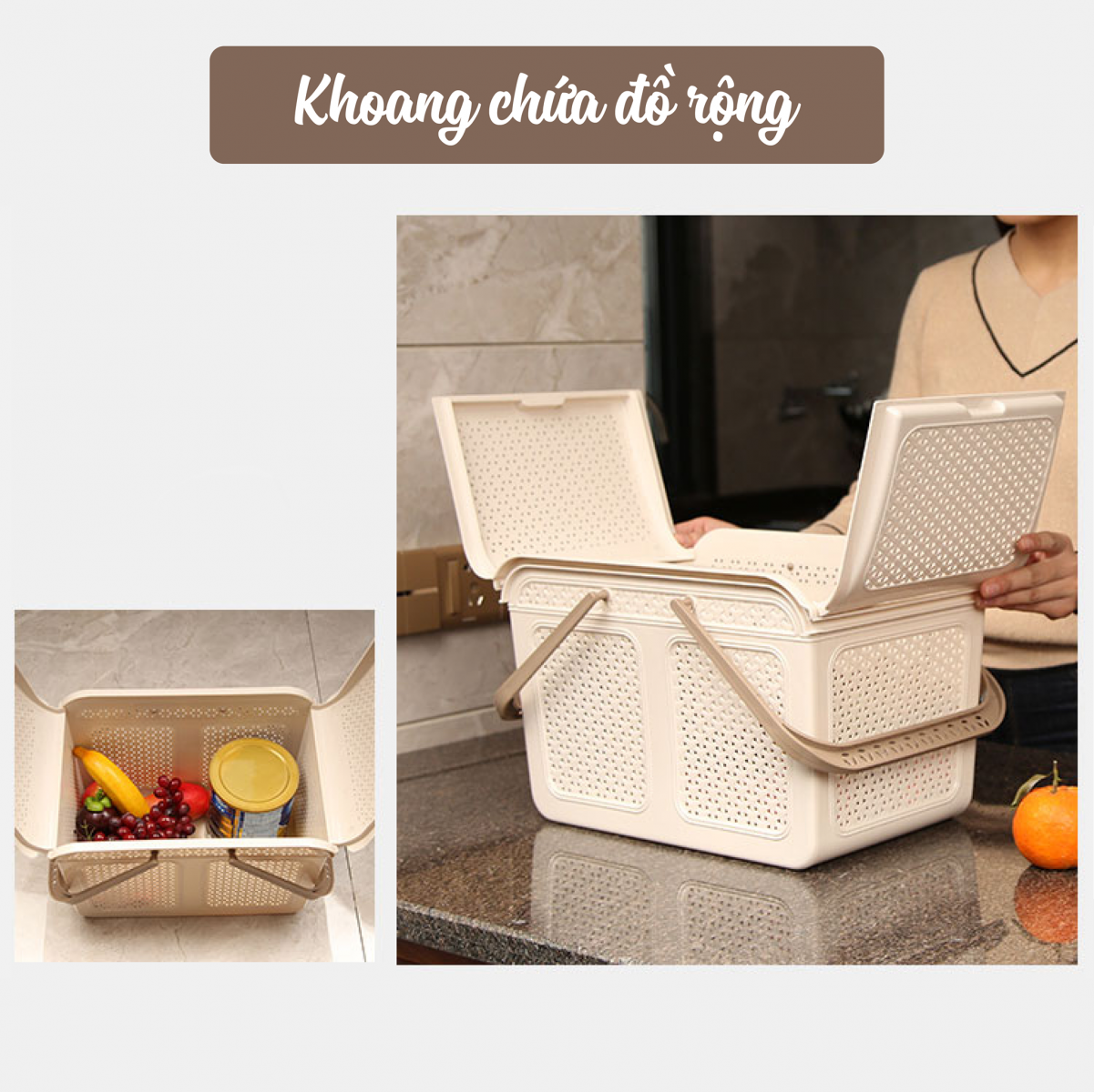 Làn nhựa Pomo có quai xách đa năng có nắp màu kem