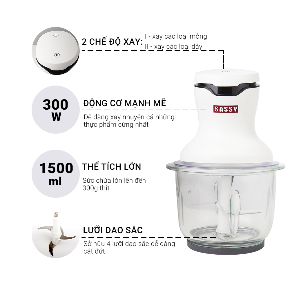 Máy xay thịt 4 lưỡi dao - Máy xay đa năng SASSY HR-618 W (Trắng)