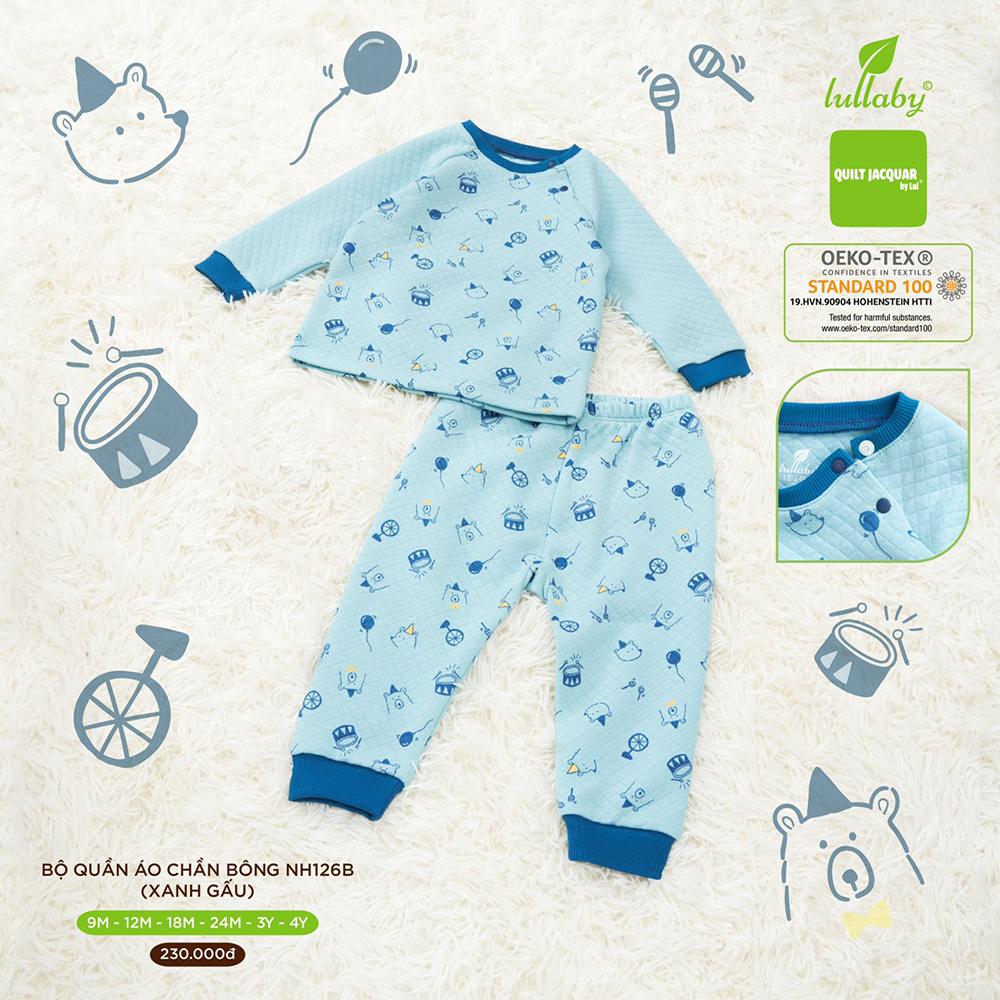 NH126B.3 - Bộ quần áo chần bông Lullaby màu xanh hình gấu