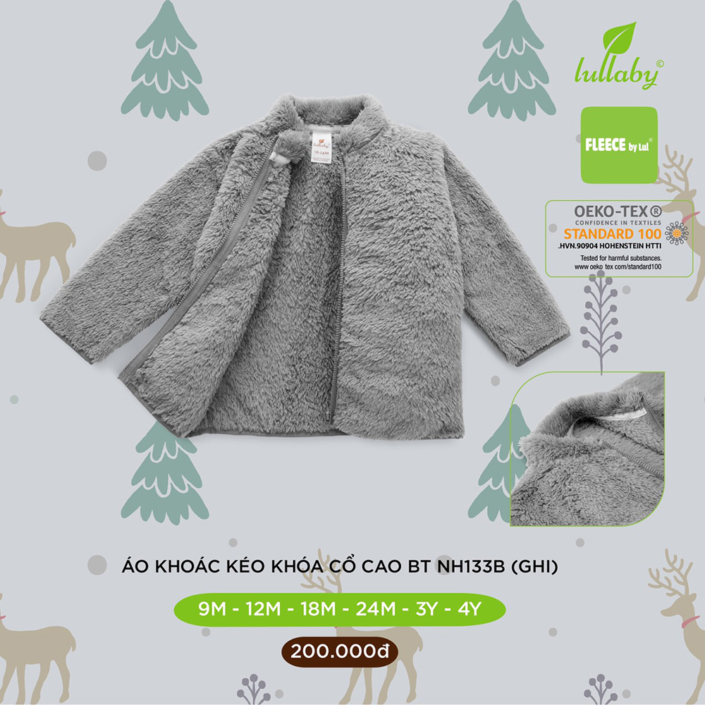 NH133B.1 - Áo khoác lông cho bé trai kéo khóa cổ cao Lullaby màu ghi