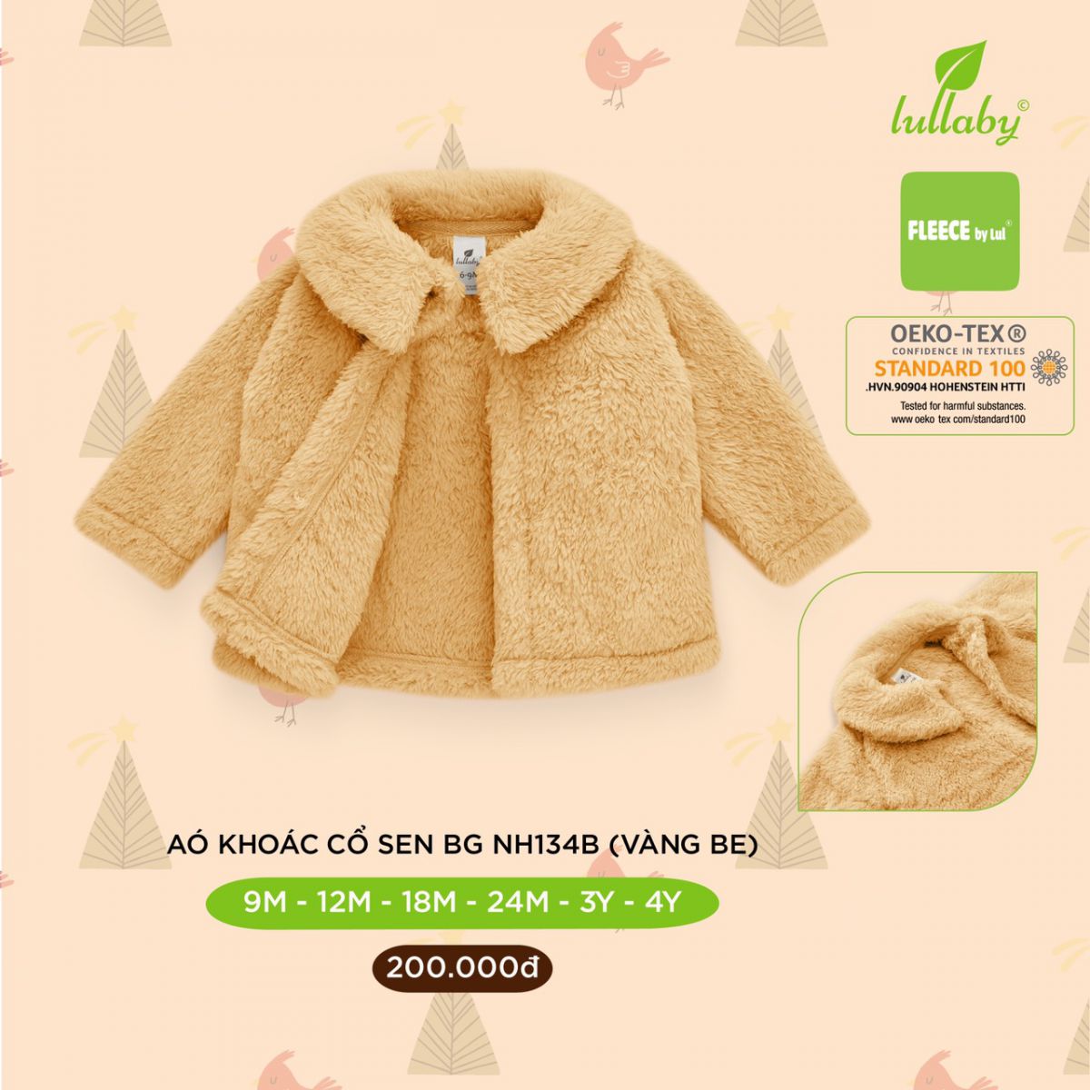 NH134B.1 - Áo khoác lông cho bé gái cổ sen Lullaby màu vàng be