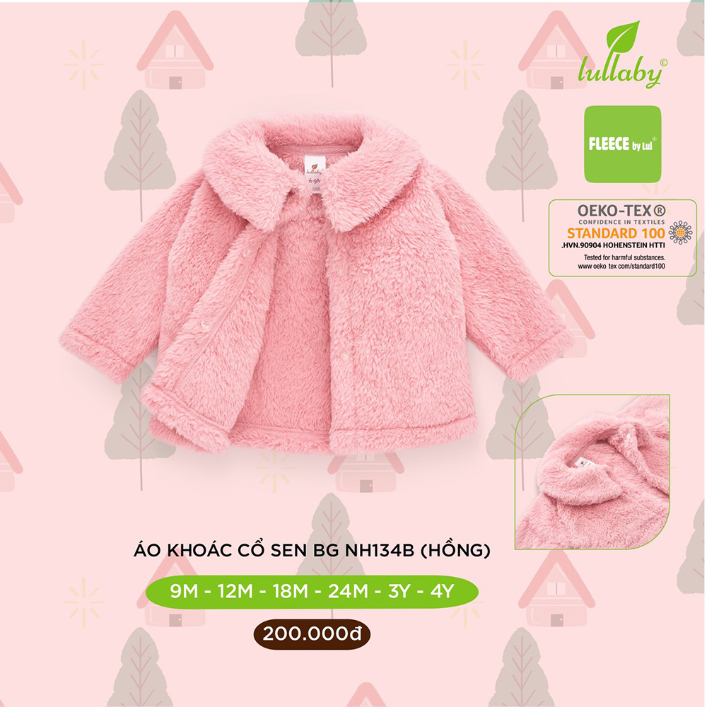 NH134B.2 - Áo khoác lông cho bé gái cổ sen Lullaby màu hồng
