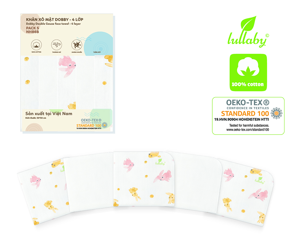 NH86B.1 - Khăn xô mặt Dobby 4 lớp Lullaby màu trắng họa tiết thỏ