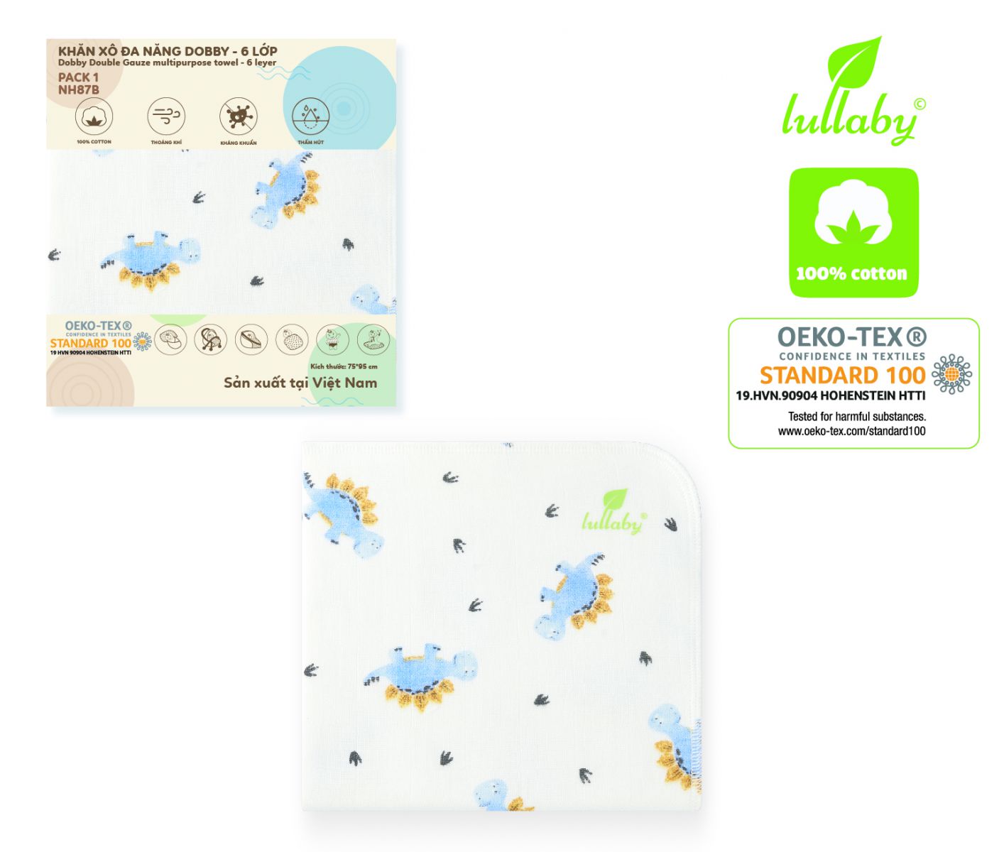 NH87B.2 - Khăn xô đa năng Dobby 6 lớp Lullaby màu trắng họa tiết khủng long