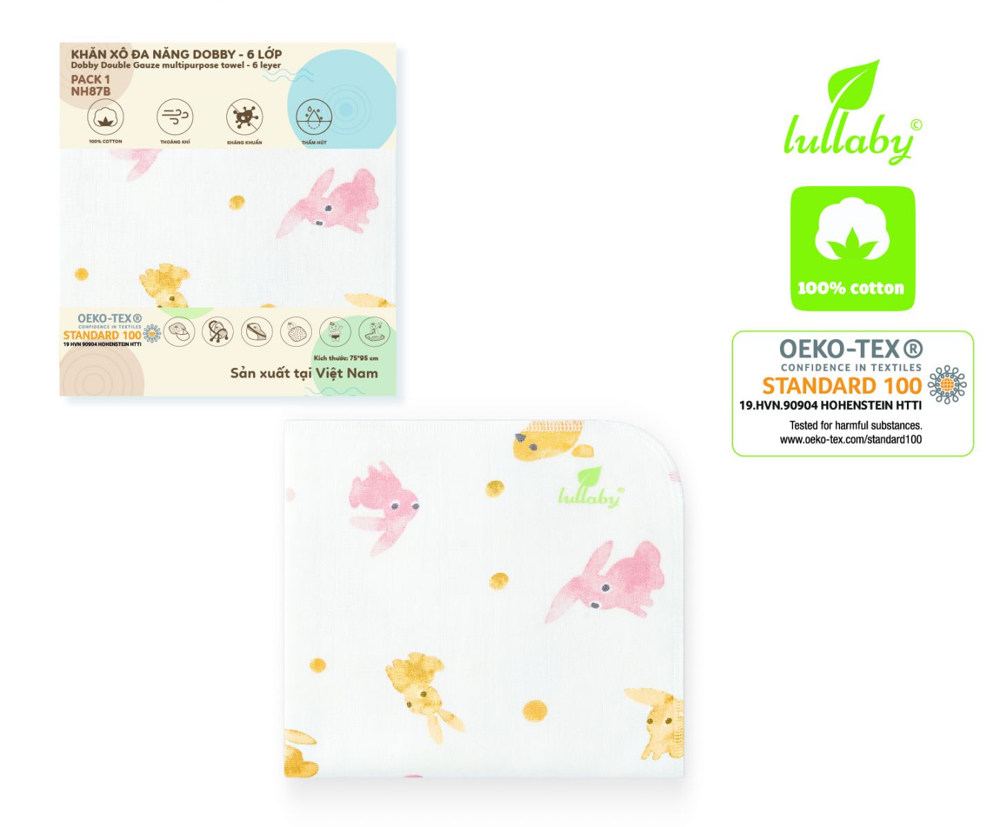 NH87B.3 - Khăn xô đa năng Dobby 6 lớp Lullaby màu trắng họa tiết thỏ