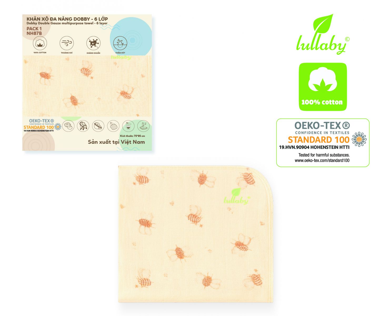 NH87B.4 - Khăn xô đa năng Dobby 6 lớp Lullaby màu vàng