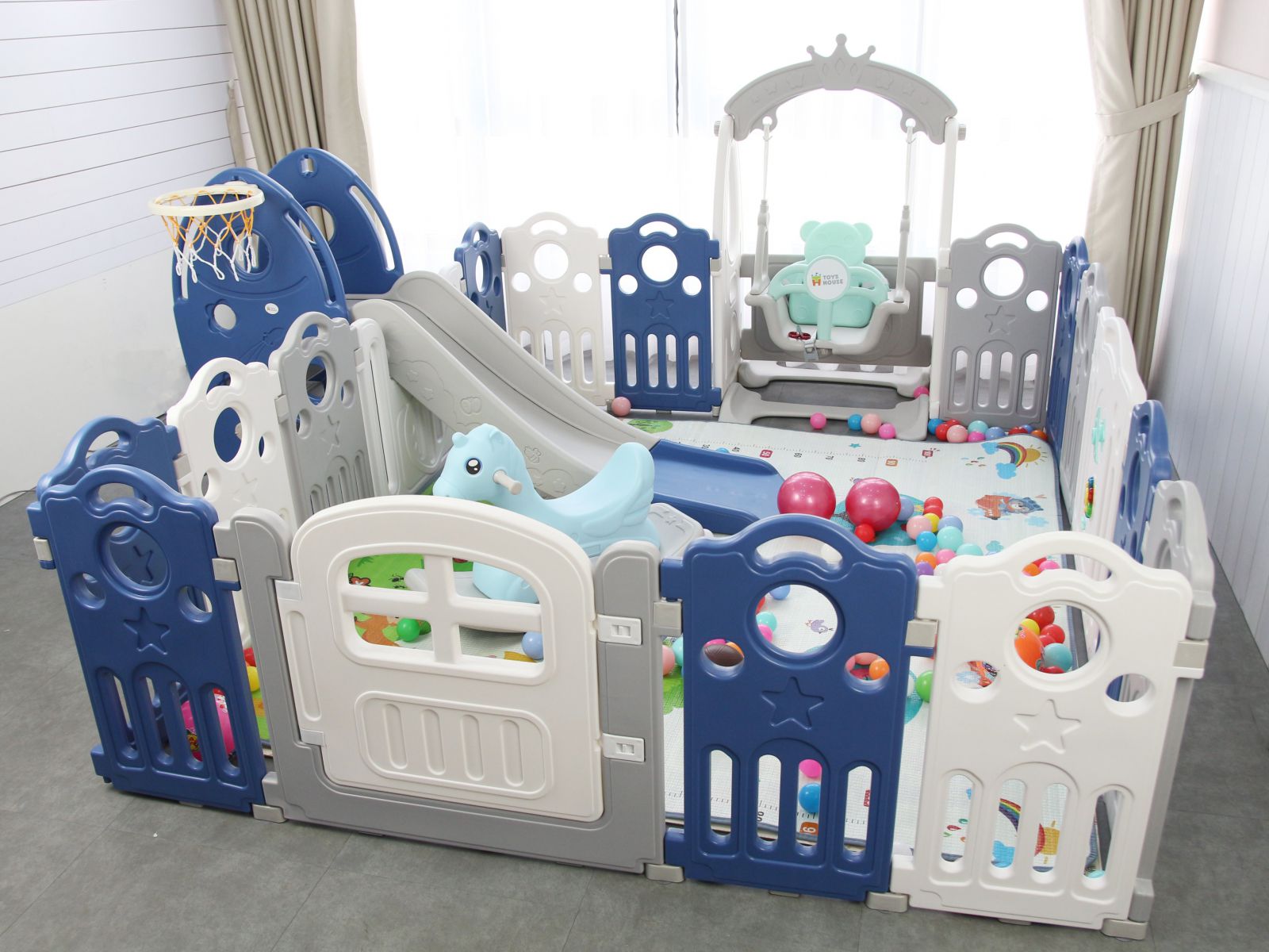 Quây cũi nhựa cầu trượt cho bé Toyshouse Combo 6in1 kèm xích đu YLY04 | Quây  Cũi Nhựa Toyshouse | moby.com.vn