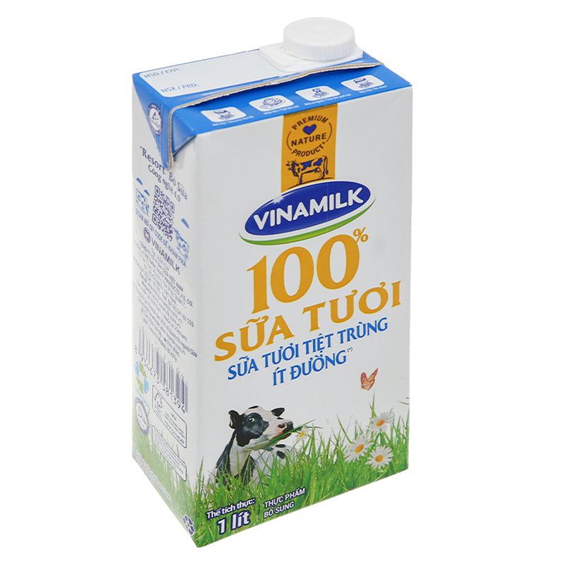 Sữa tươi tiệt trùng Vinamilk 100% ít đường - Hộp giấy 1L