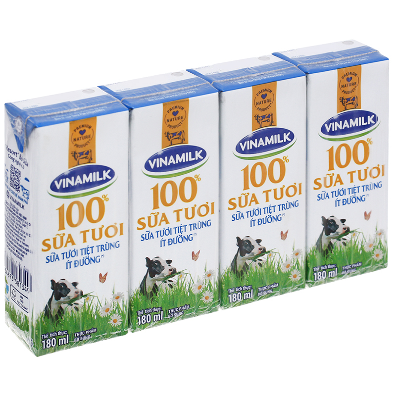 Sữa tươi tiệt trùng Vinamilk ít đường - Lốc 4 hộp 180ml
