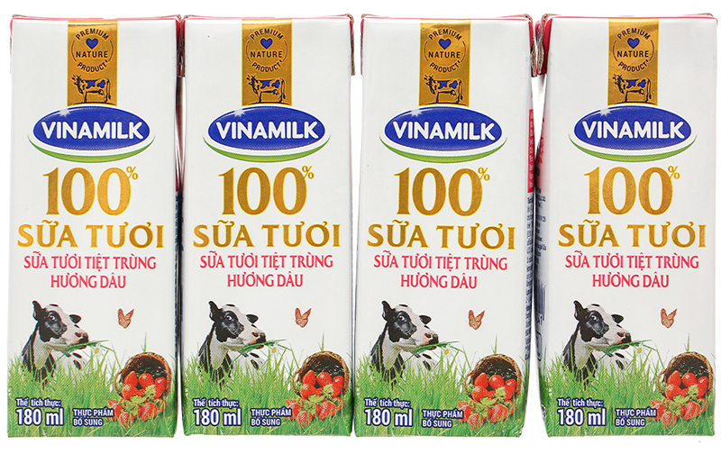 Sữa tươi tiệt trùng Vinamilk hương dâu - Lốc 4 hộp 180ml