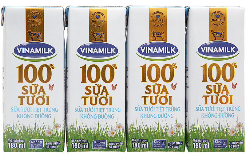 Sữa tươi tiệt trùng Vinamilk không đường - Lốc 4 hộp 180ml