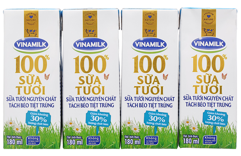 Sữa tươi tiệt trùng Vinamilk tách béo không đường - Lốc 4 hộp 180ml