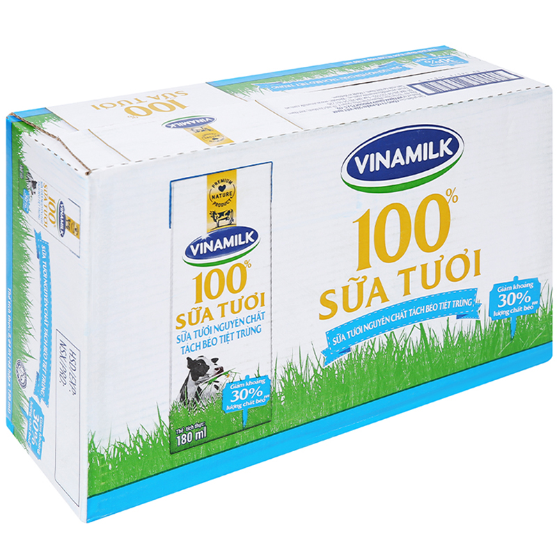Sữa tươi tiệt trùng Vinamilk tách béo không đường 180ml - Thùng 48 hộp