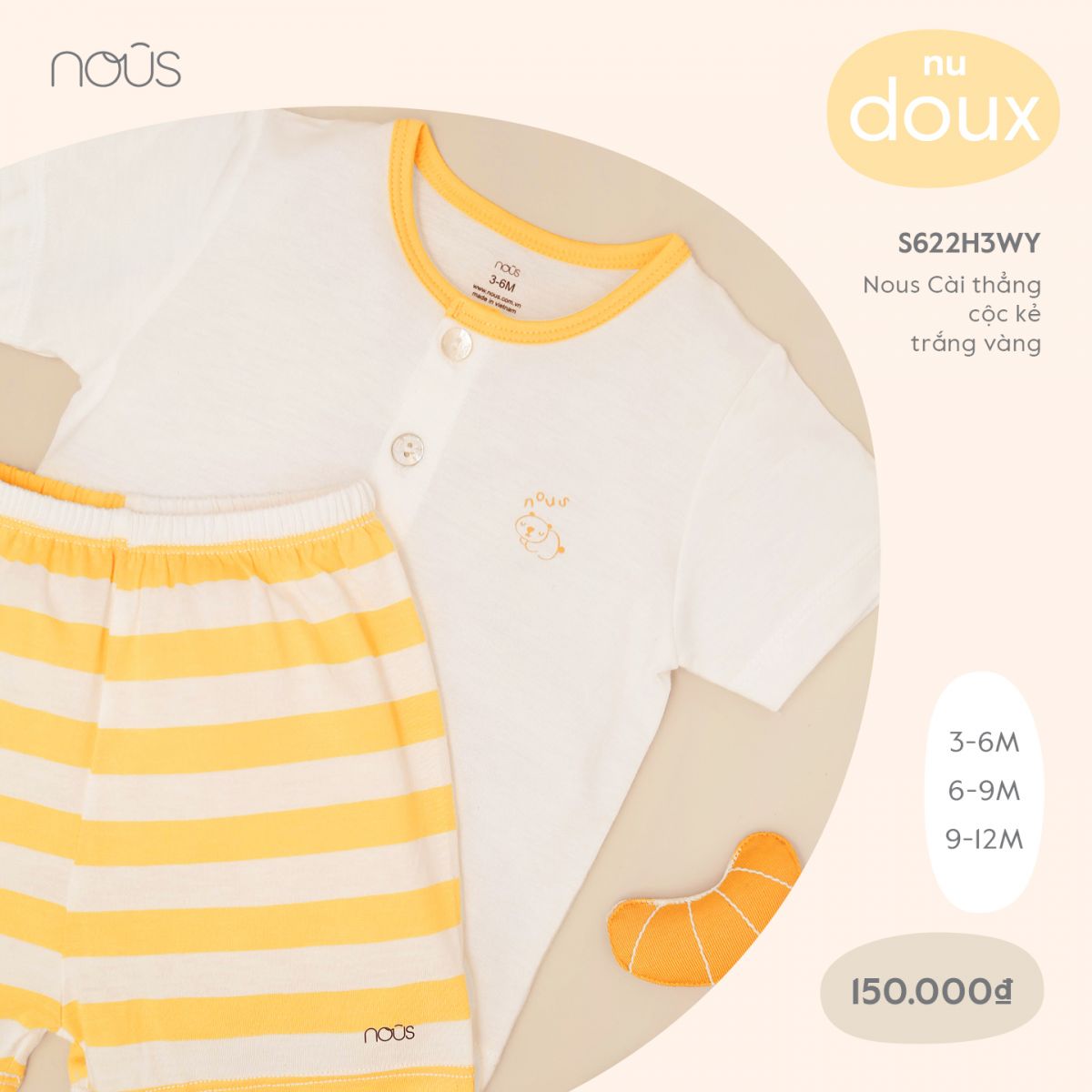 S622H3WY3M150 - Bộ quần áo Nous cài thẳng cộc tay kẻ trắng vàng vải Nu Doux