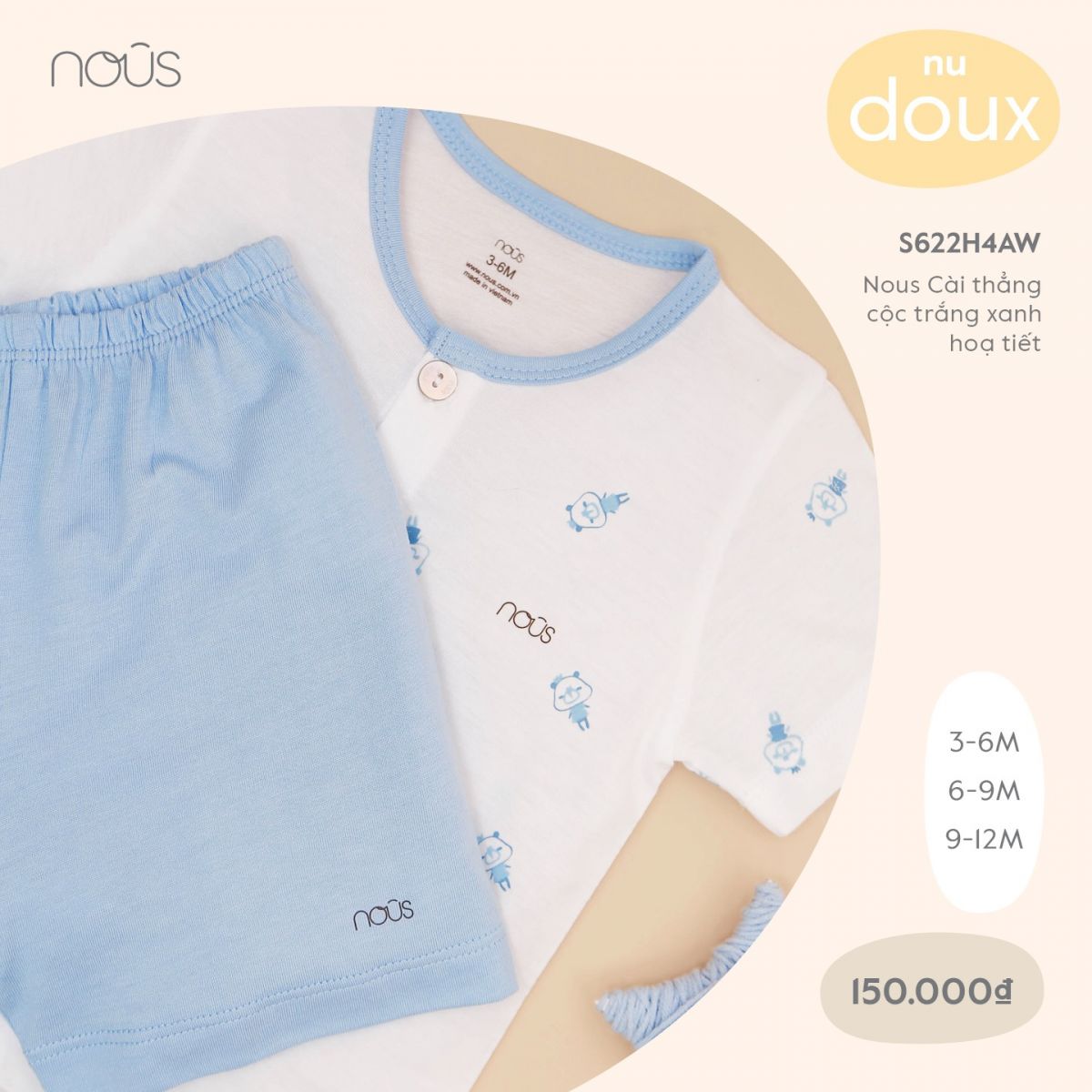 S622H4AW3M150 - Bộ quần áo Nous cài thẳng cộc tay họa tiết vải Nu Doux - Màu trắng xanh