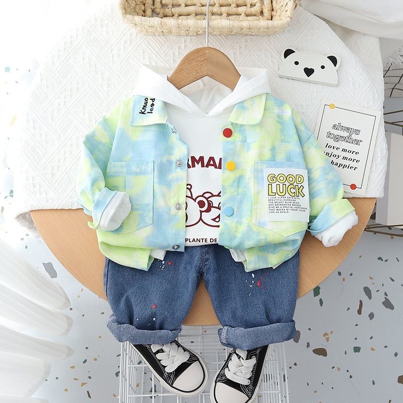 ST513 - Set Quần Jean, Áo Có Mũ Và Áo Khoác Bé Trai Loang Màu - Màu Xanh Vàng