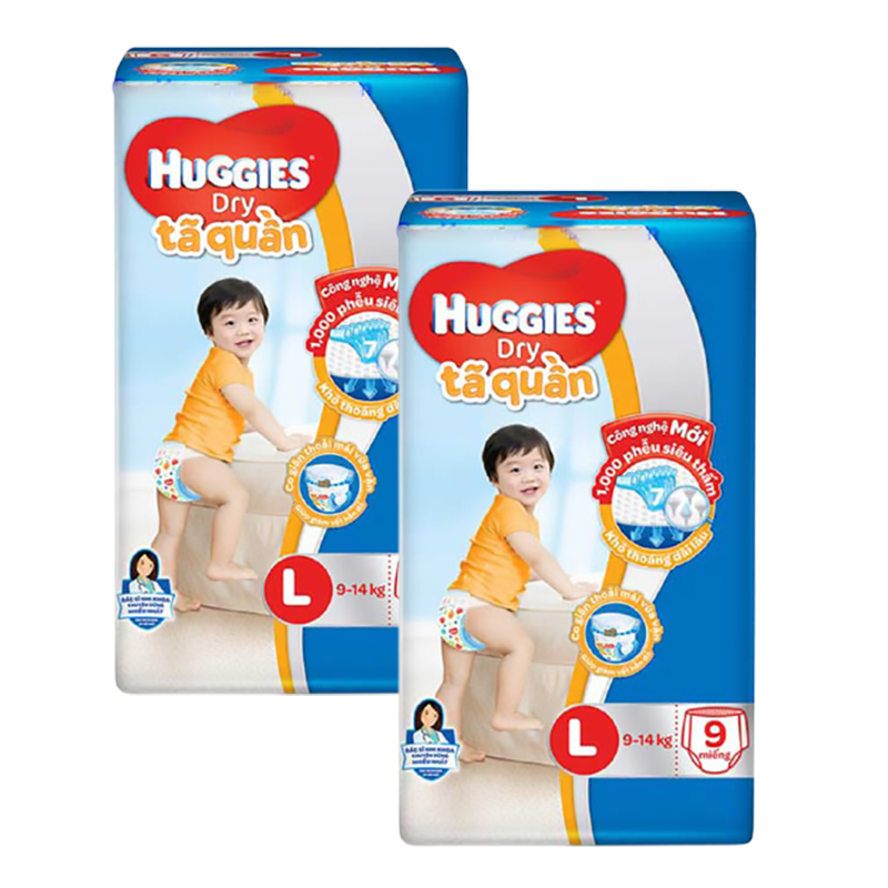 Set 2 gói Bỉm - Tã quần Huggies size L - 9 miếng (Cho bé 9 - 14kg)
