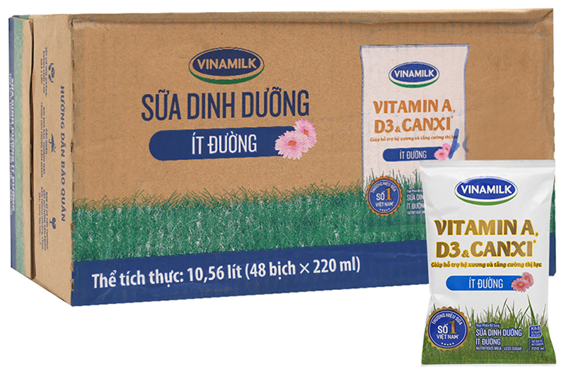 Thùng 48 bịch sữa dinh dưỡng Vinamilk ít đường 220ml