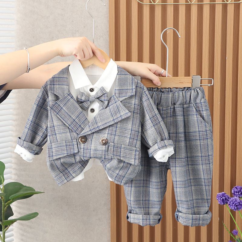V501 - Set Đồ Vest Bé Trai Caro Kèm Nơ - Màu Xám