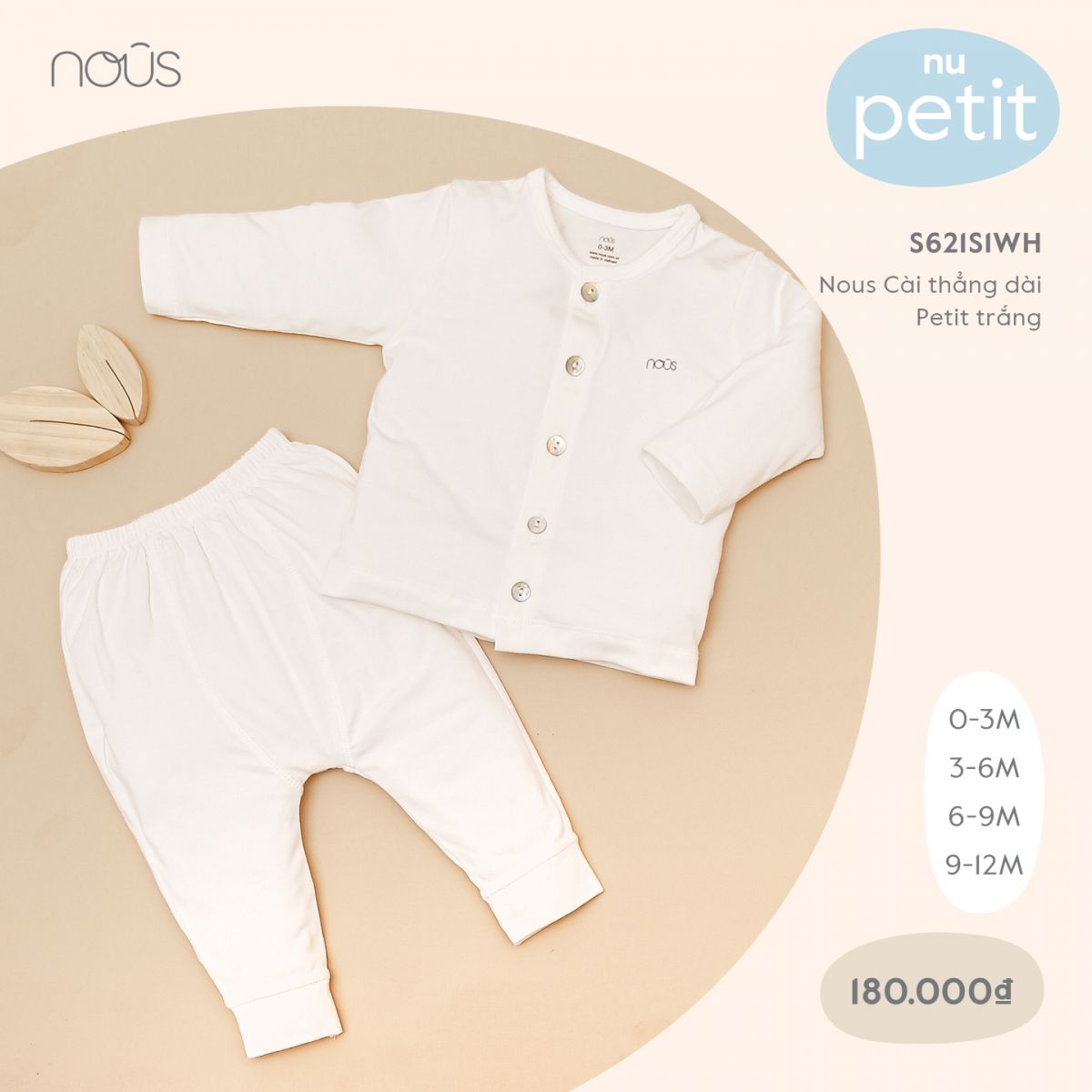W621S1WH - Bộ quần áo Nous cài thẳng dài vải Nu Petit - Màu trắng