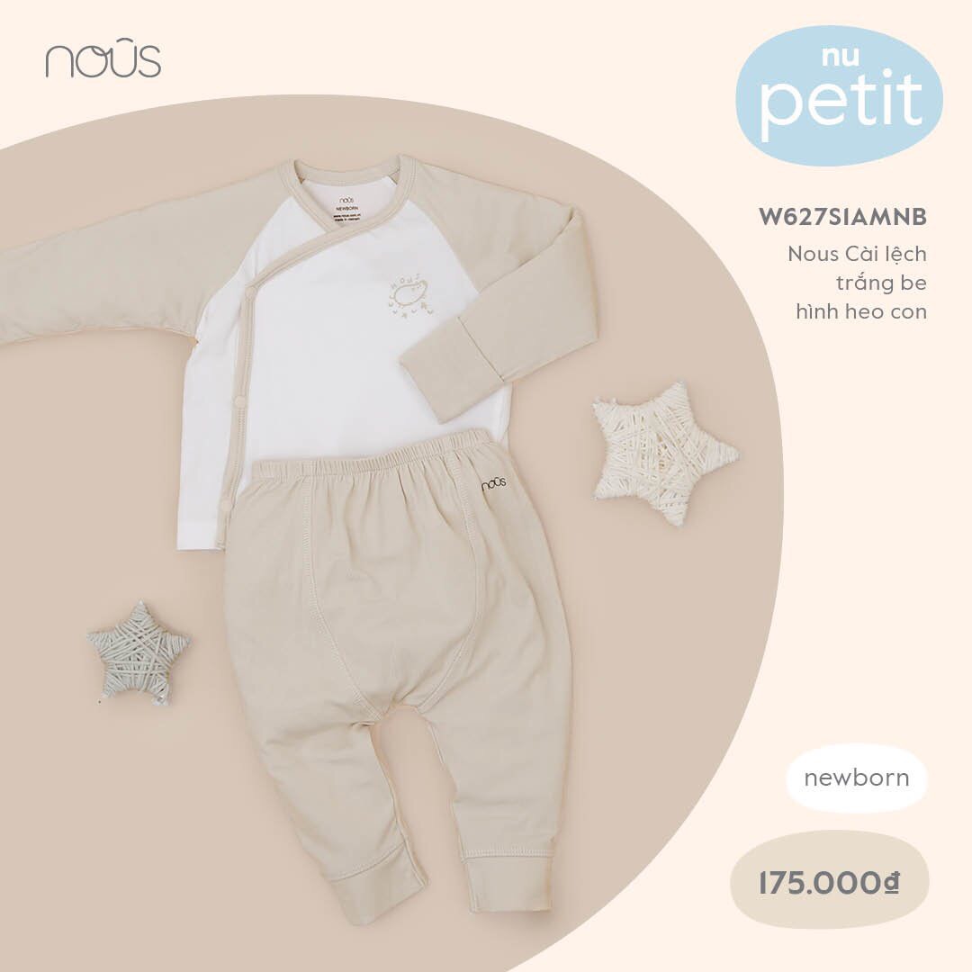 W627S1AMNB175 - Bộ quần áo Nous cài lệch hình heo con vải Nu Petit - Màu trắng be (Newborn)