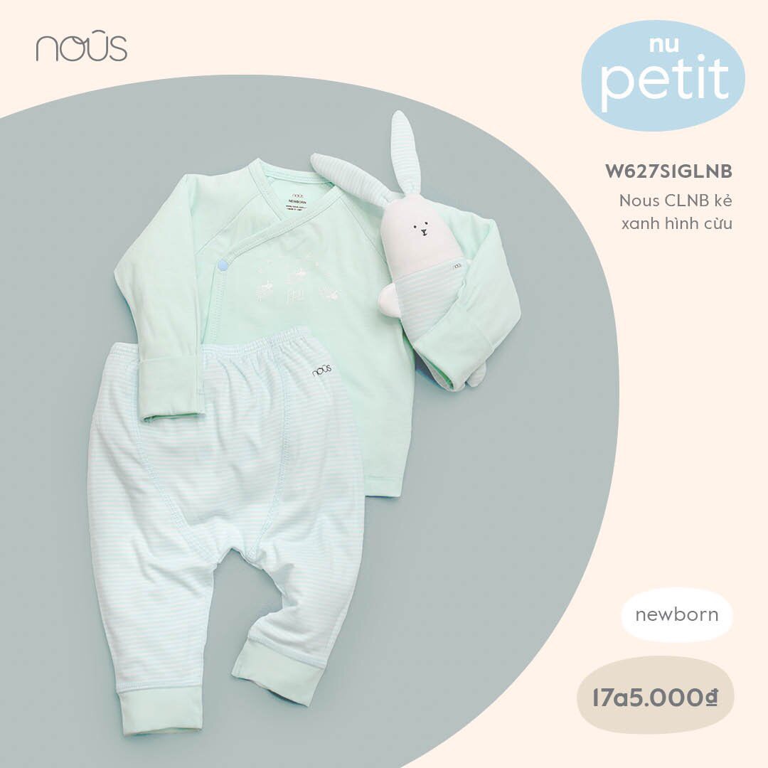 W627S1GLNB175 - Bộ quần áo Nous CLNB kẻ xanh hình cừu vải Nu Petit (NewBorn)