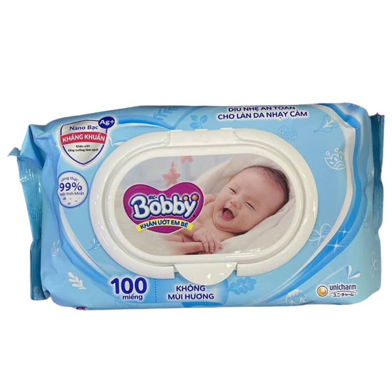 Khăn ướt em bé Bobby không hương 100 miếng